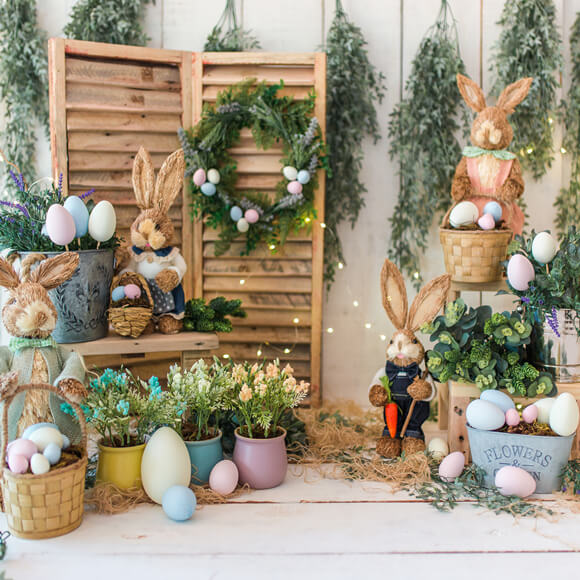 Easter Eggs Rabbit White Wood Photo Booth Backdrop SH598