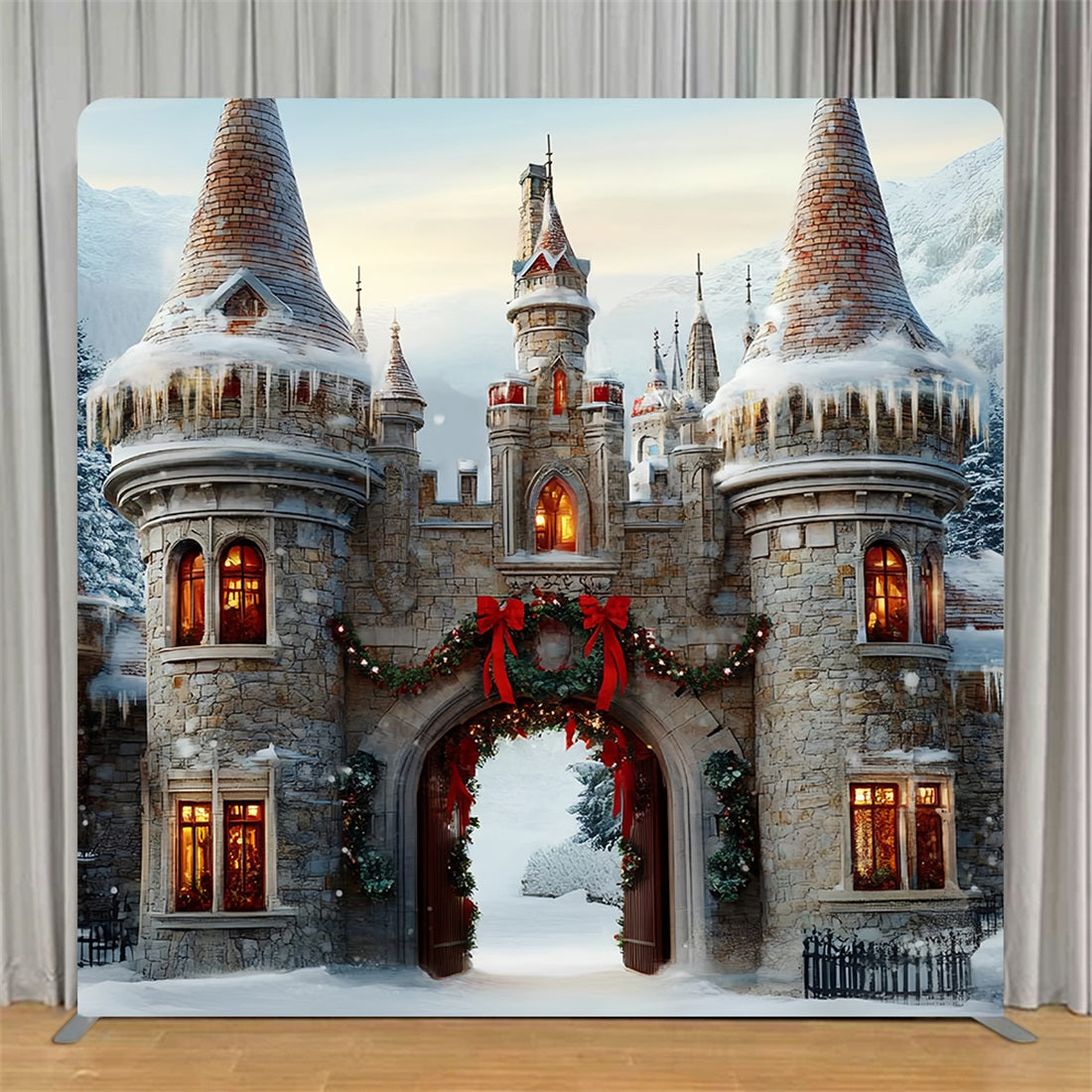 Tension Fabric Backdrop Snowy Garland Castle Entrance Christmas Backdrop TS-BRP57-118