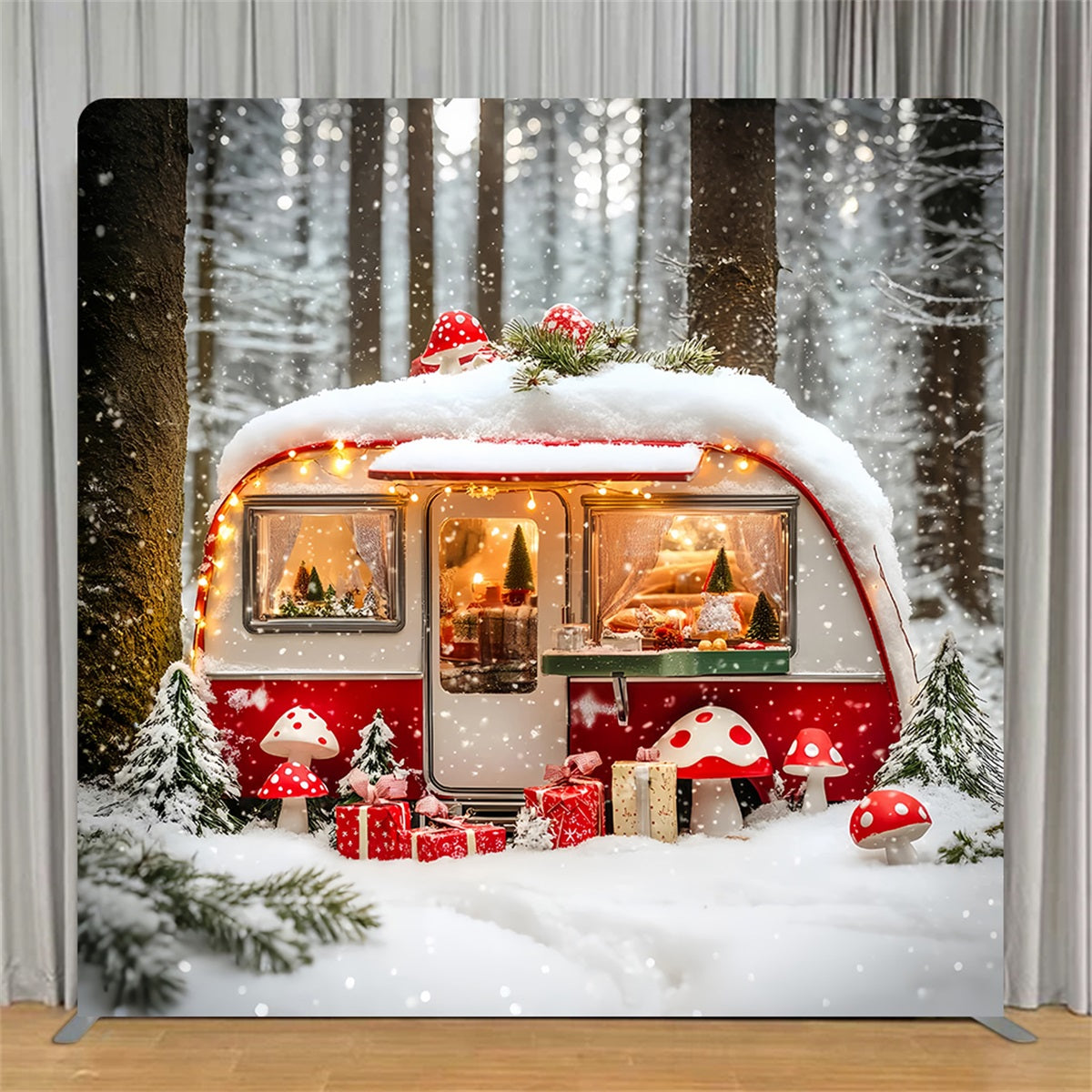 Square Backdrop Winter Snow Forest Camper Christmas Backdrop TS-LXX58-84