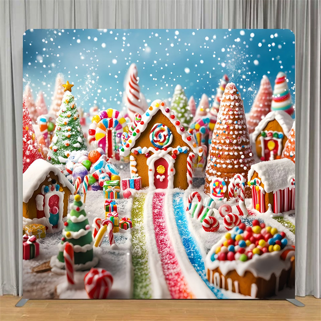 Square Backdrops Colorful Gingerbread Candy Village Christmas Backdrop