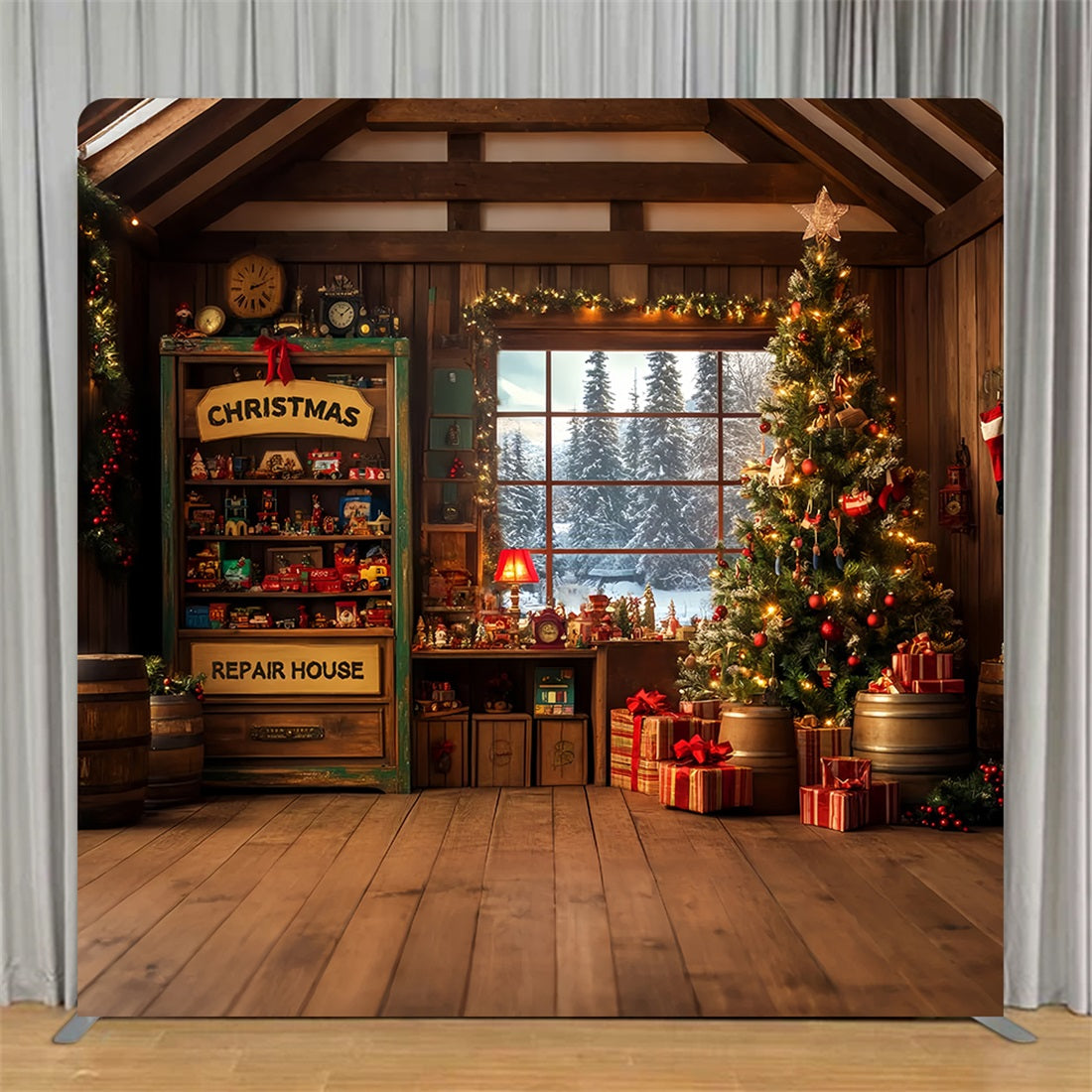 Tension Backdrop Cozy Christmas Toy Cabin Santas Workshop Backdrop TS-LXX59-165