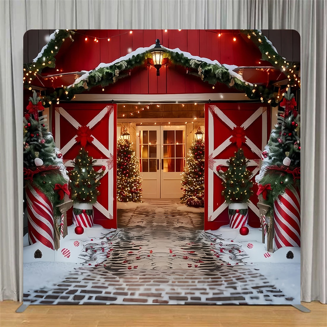 Tension Fabric Backdrop Festive Red Barn Entrance Christmas Backdrops