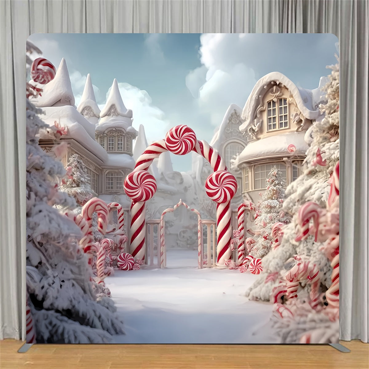 Square Backdrop Tension Pillow Cover Stand Peppermint Snowy Town Christmas Backdrops TS-TWW59-120