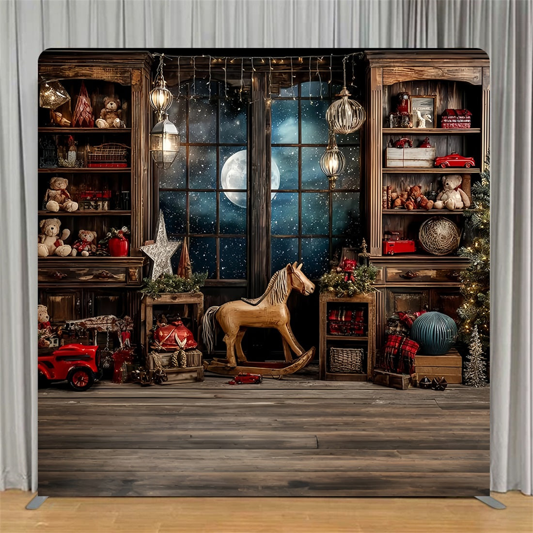 Square Backdrop Vintage Toy Workshop Night Christmas Backdrop TS-TWW59