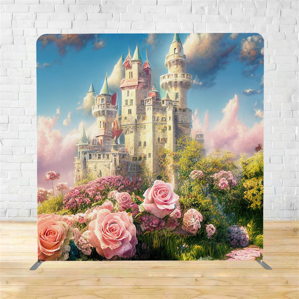 Square Backdrop Fairytale Castle Garden Pink Roses Spring Backdrop TSM-39