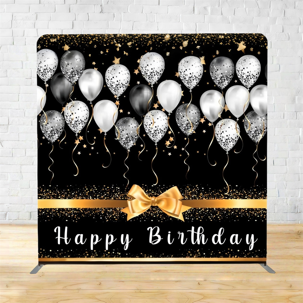 Square Backdrop Black Gold Balloon Ribbon Happy Birthday Backdrop TSRR12-56