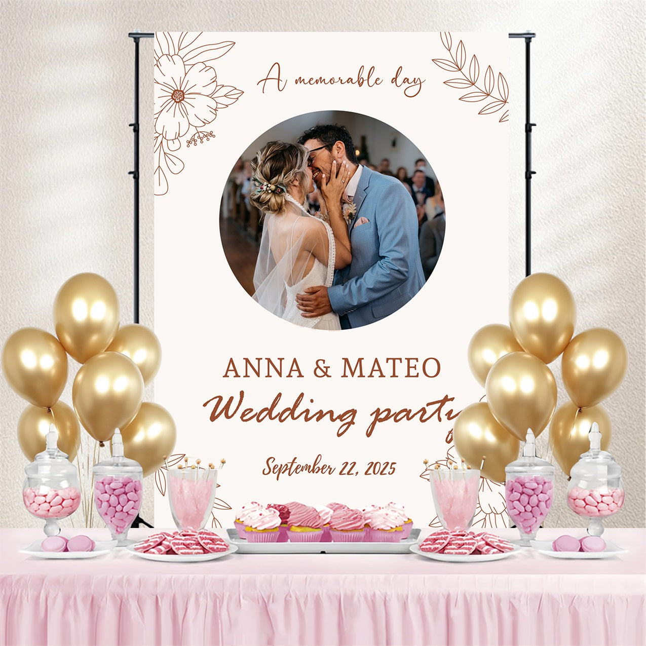 Wedding Backdrops Floral Line Art Personalised Backdrop TWW3-95