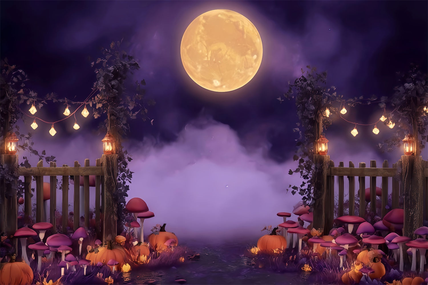 Halloween Moon Backdrop Moonlit Pumpkin Forest Path Halloween Backdrop TWW510-1