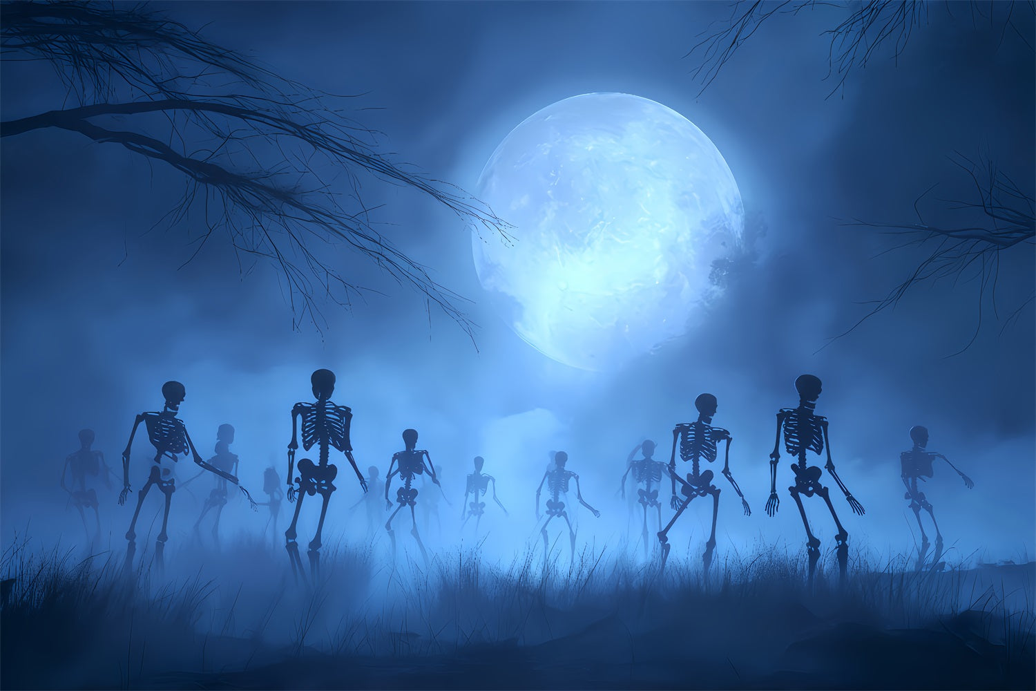 Halloween Ghost Backdrop Skeletons Rising Under Blue Moon Scary Halloween Backdrops TWW510-10