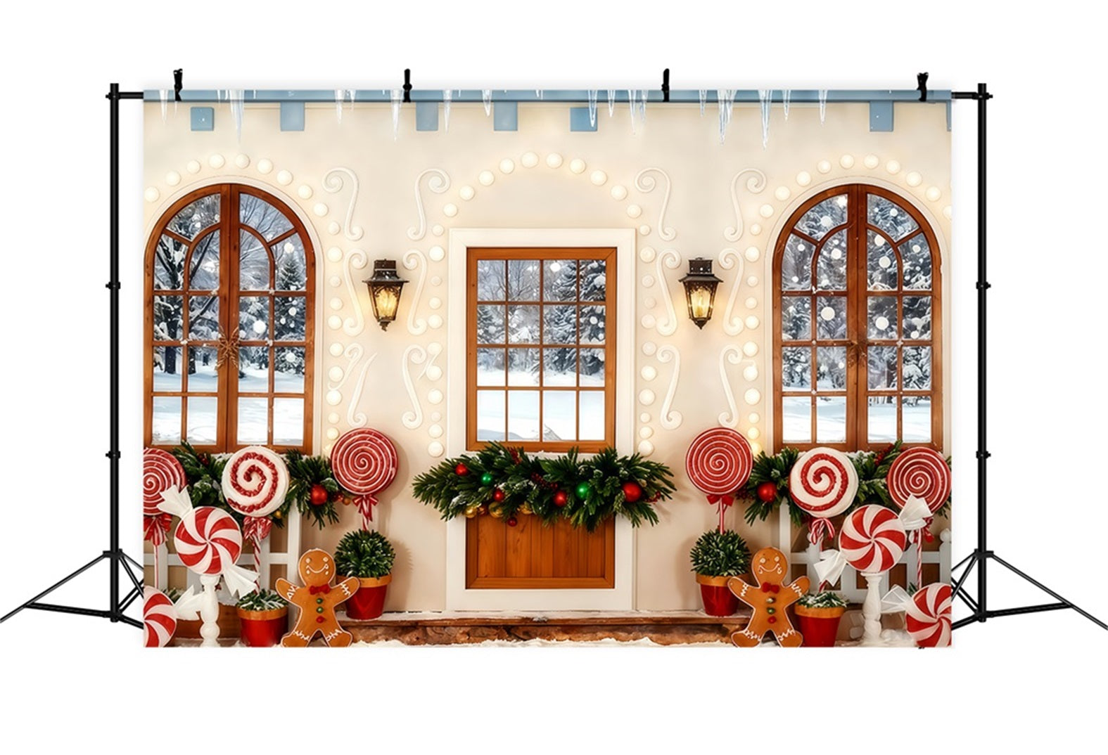 Gingerbread Backdrop Candy Cane Gingerbread Porch Christmas Backdrops Sale TWW510-100