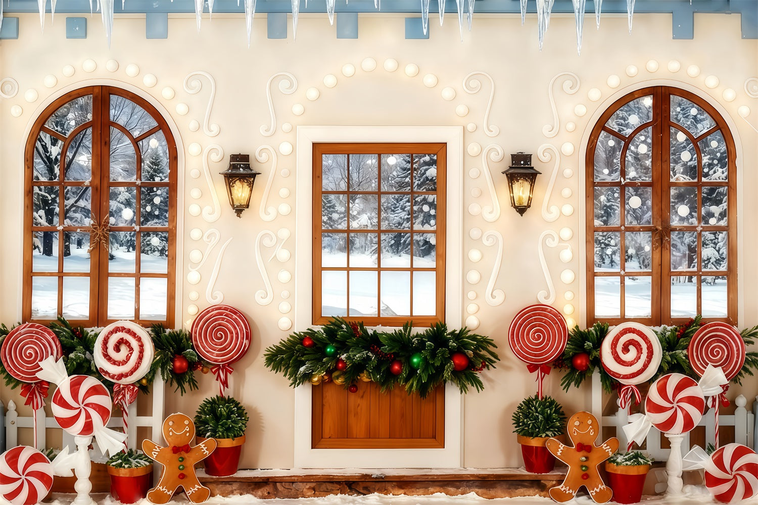 Gingerbread Backdrop Candy Cane Gingerbread Porch Christmas Backdrops Sale TWW510-100