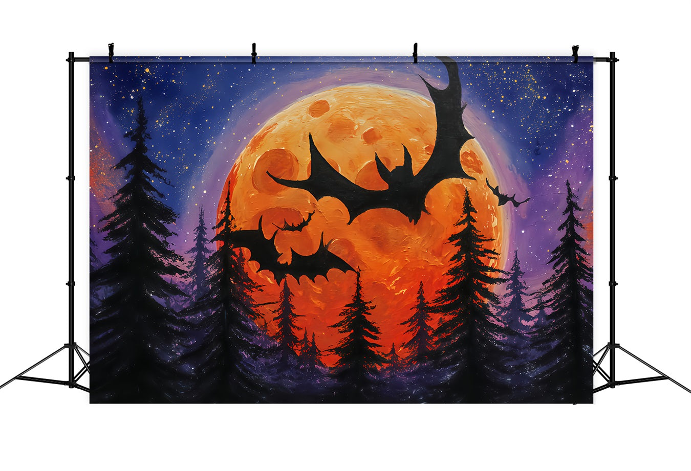 Halloween Moon Backdrop Flying Bats Orange Moon Forest Halloween Backdrops TWW510-12