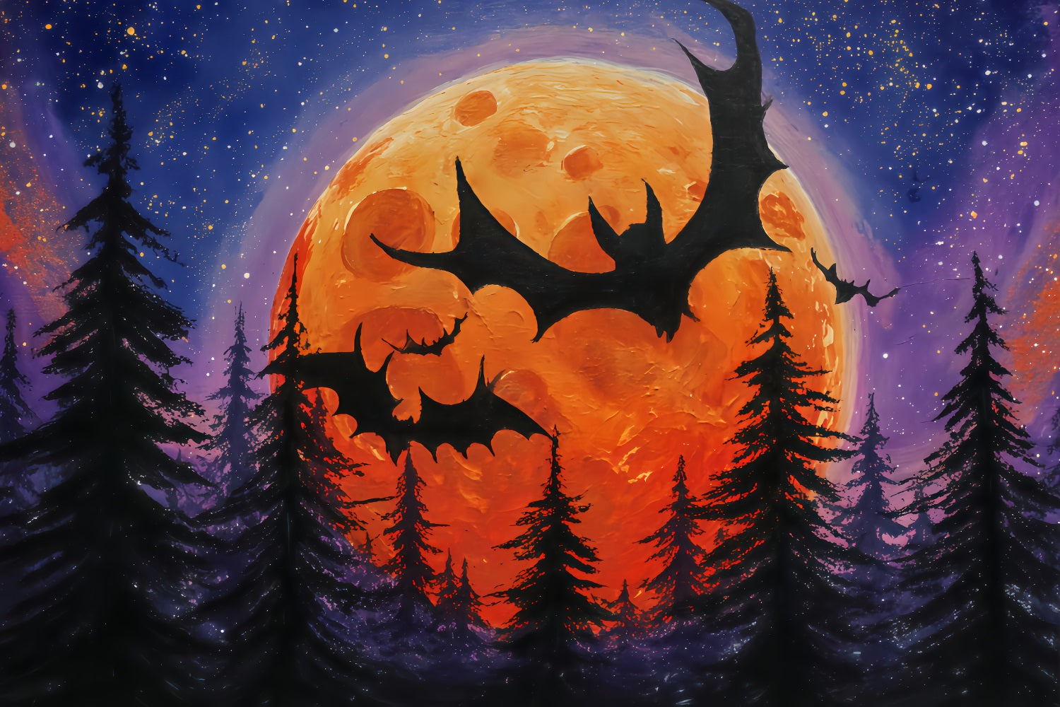 Halloween Moon Backdrop Flying Bats Orange Moon Forest Halloween Backdrops TWW510-12