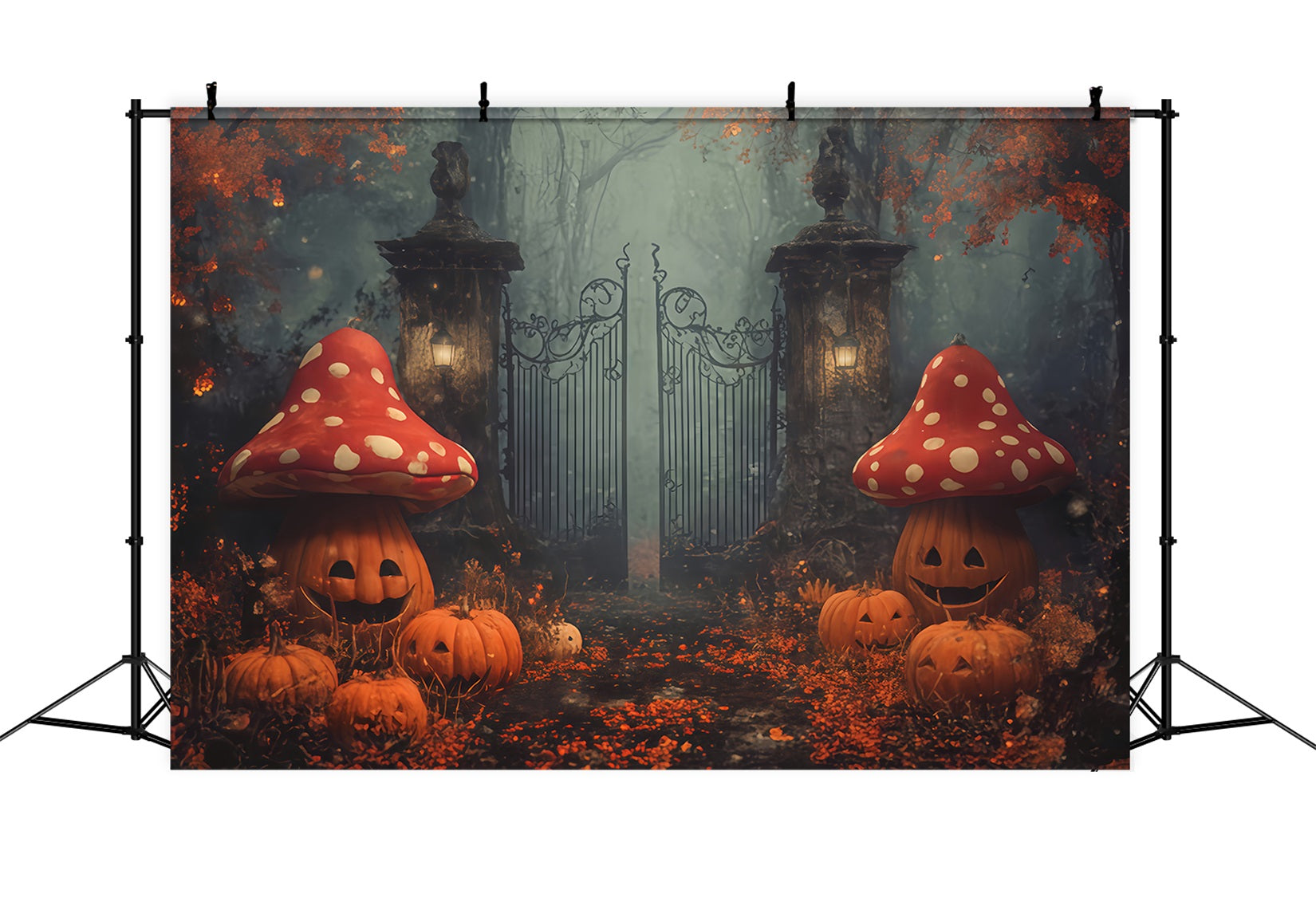 Scary Halloween Backdrops Pumpkin Mushrooms Enchanted Gate Halloween Photo Backdrop TWW510-13
