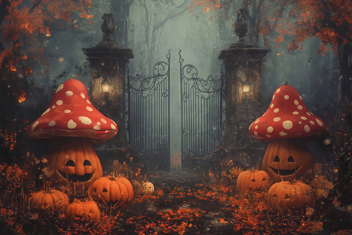 Scary Halloween Backdrops Pumpkin Mushrooms Enchanted Gate Halloween Photo Backdrop TWW510-13
