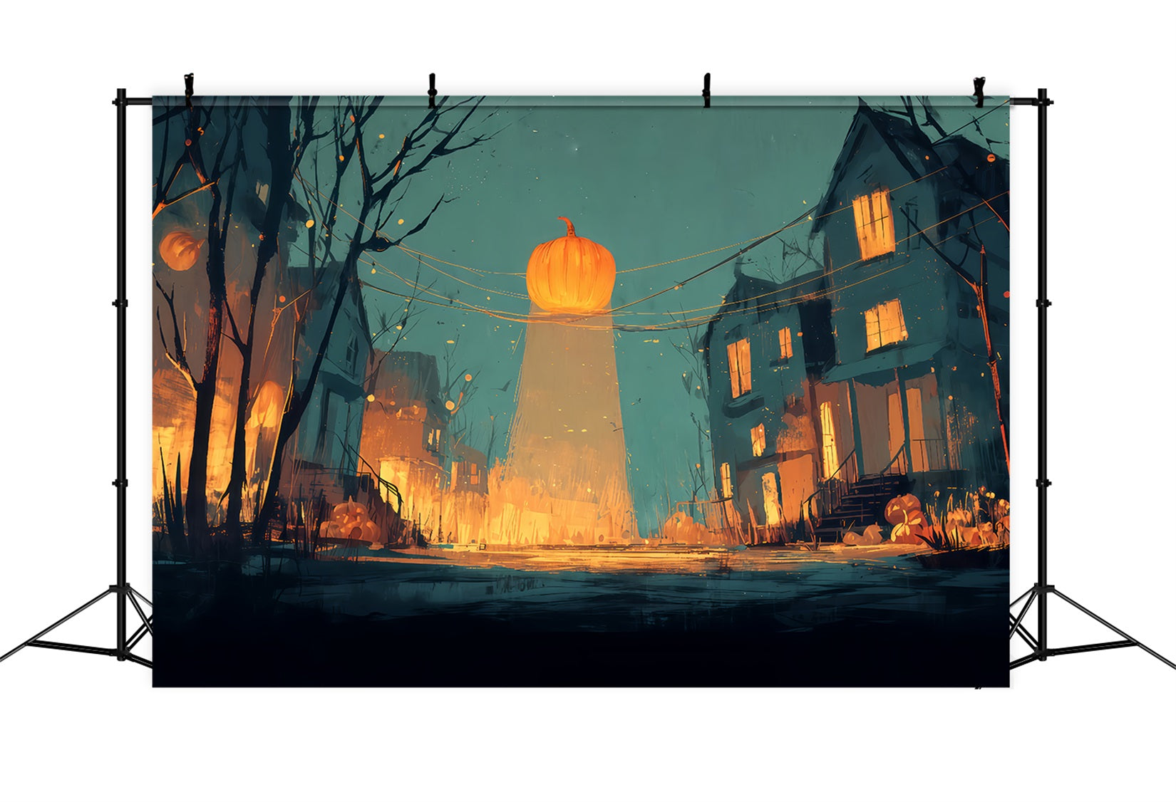 Scary Halloween Backdrops Glowing Pumpkin Street Nightfall Halloween Backdrop For Photos TWW510-14