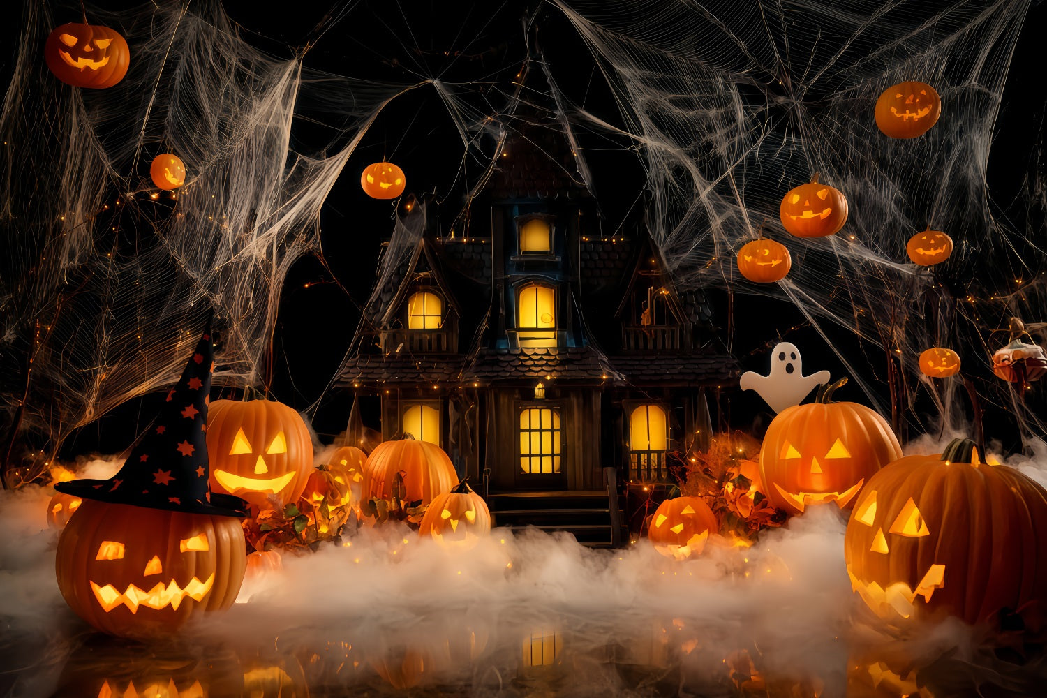Haunted Mansion Backdrop Haunted House Pumpkin Fog Halloween Backdrop Ideas TWW510-15