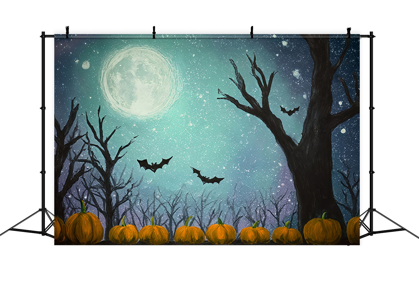 Halloween Moon Backdrop Bats Pumpkins Starry Moonlight Halloween Photo Backdrops TWW510-17