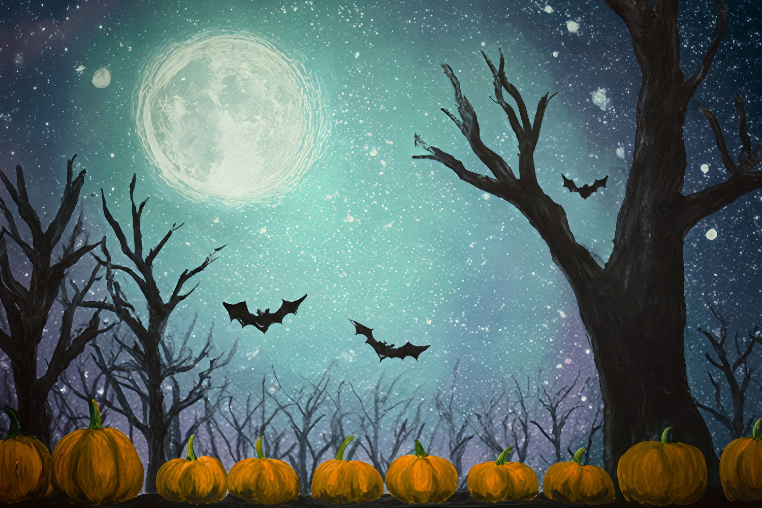 Halloween Moon Backdrop Bats Pumpkins Starry Moonlight Halloween Photo Backdrops TWW510-17