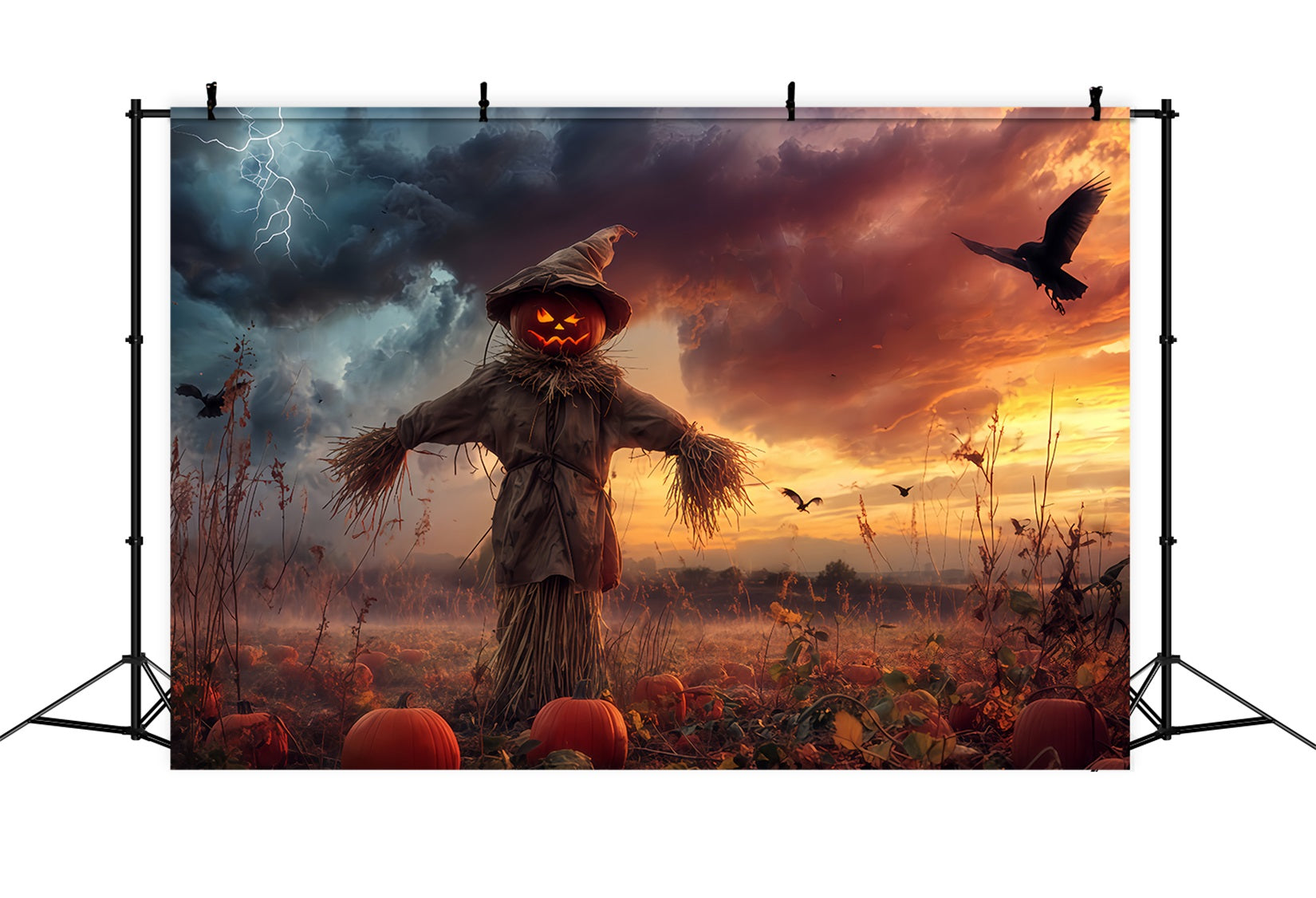 Haunted Forest Backdrop Pumpkin Scarecrow Stormy Field Spooky Halloween Backdrop TWW510-18
