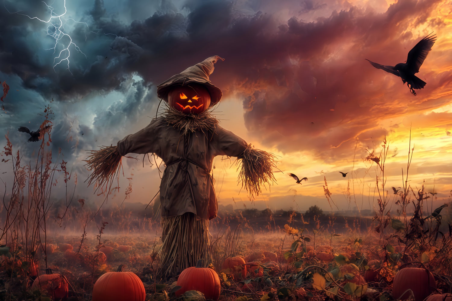 Haunted Forest Backdrop Pumpkin Scarecrow Stormy Field Spooky Halloween Backdrop TWW510-18