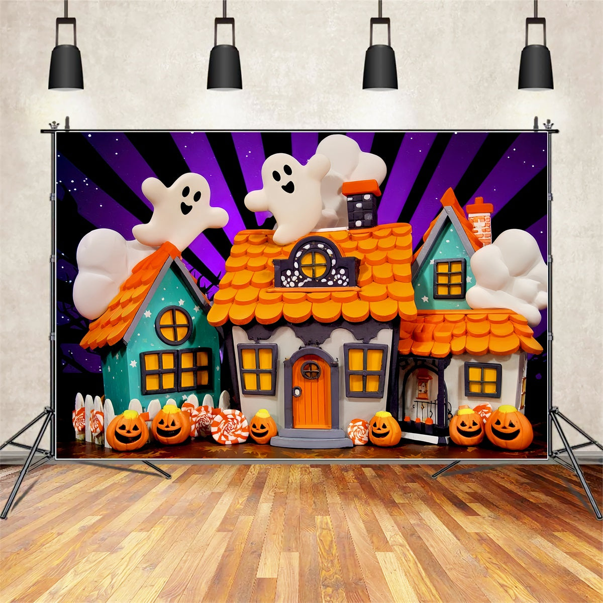 Haunted Mansion Backdrop Cute Ghost Candy Houses Halloween Photography Backdrop TWW510-19