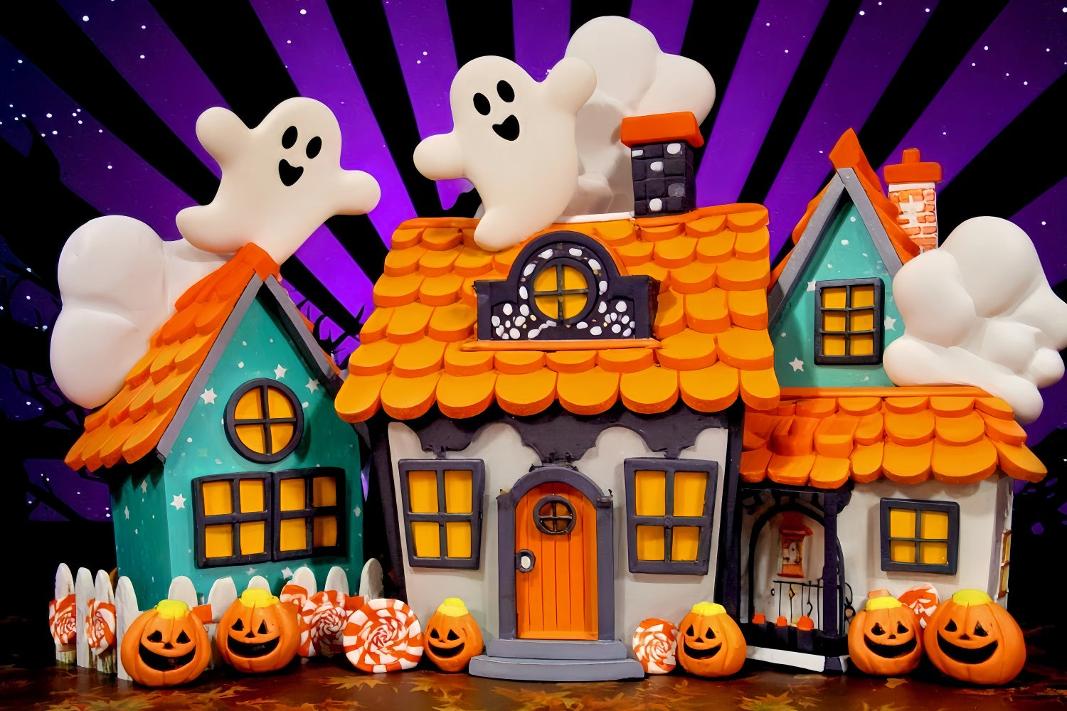 Haunted Mansion Backdrop Cute Ghost Candy Houses Halloween Photography Backdrop TWW510-19