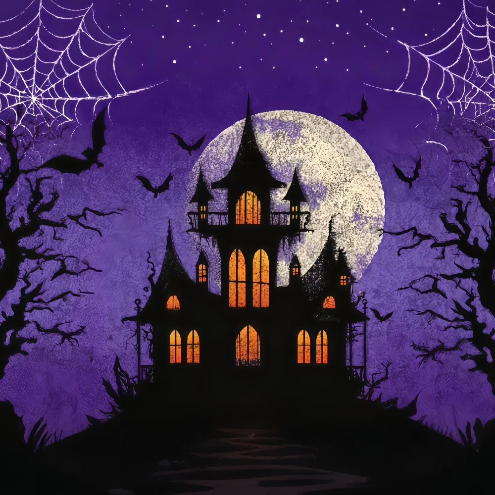 Halloween Bat Backdrop Haunted Castle Purple Moon Scary Halloween Backdrops TWW510-20