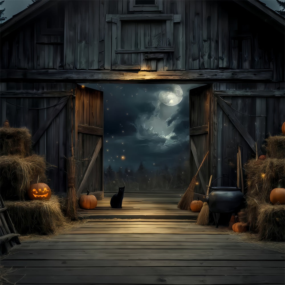 Halloween Color Backdrop Black Cat Barn Moonlight Halloween Backdrop TWW510-21