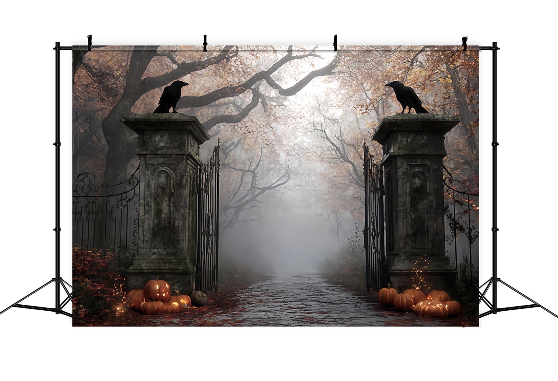 Haunted Forest Backdrop Foggy Graveyard Gate Entrance Halloween Photo Backdrop TWW510-3