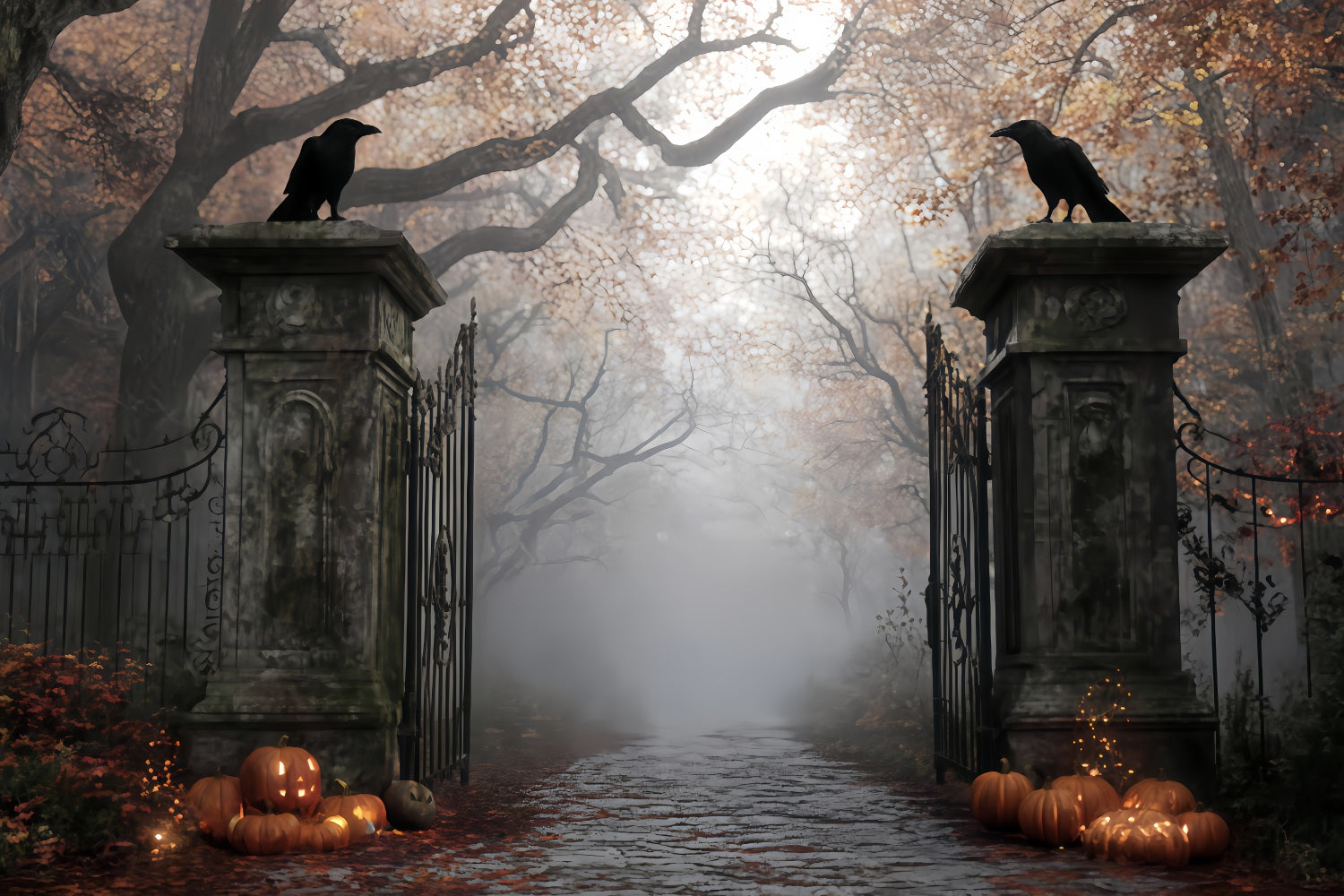 Haunted Forest Backdrop Foggy Graveyard Gate Entrance Halloween Photo Backdrop TWW510-3