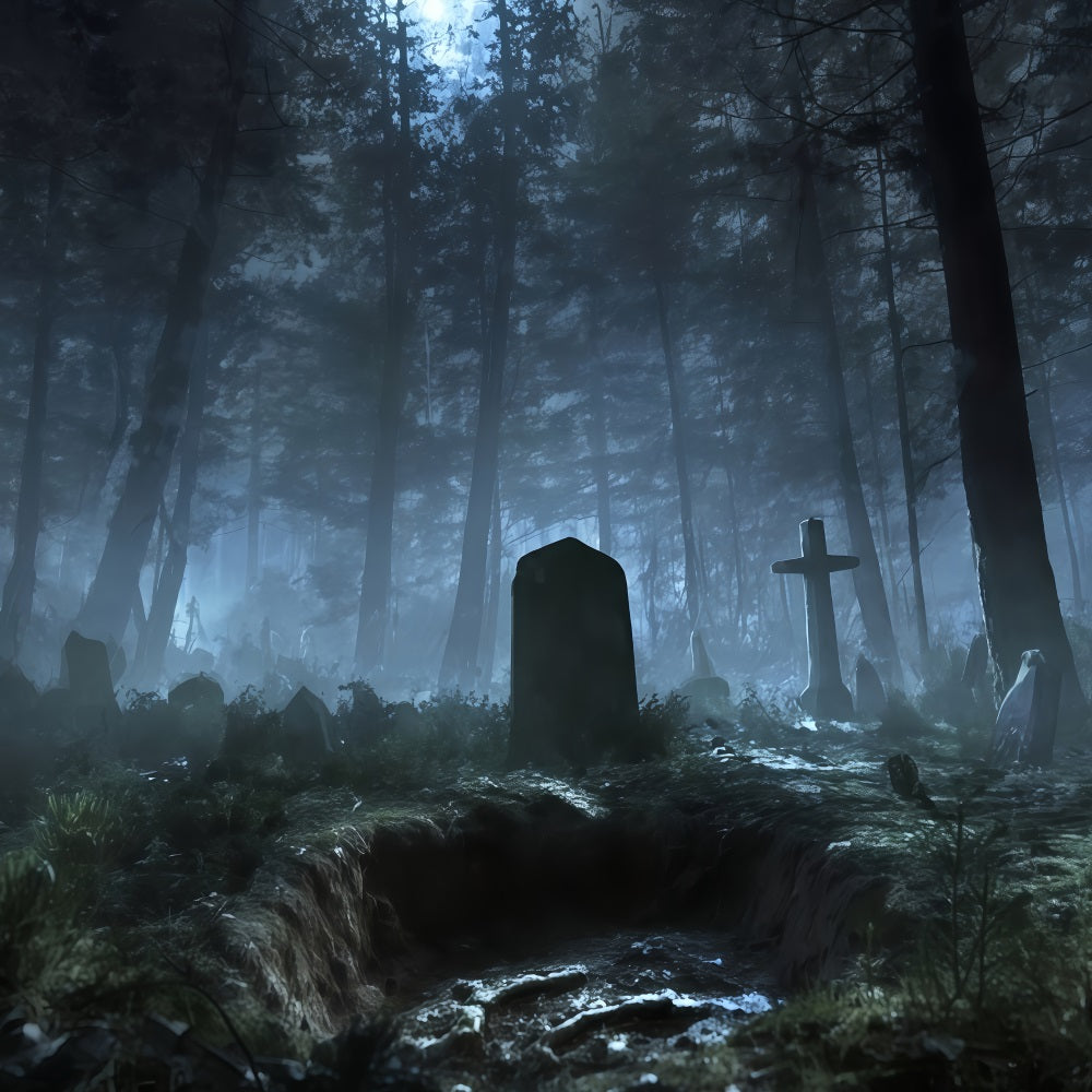 Graveyard Backdrop Backdrop Misty Forest Graveyard Shadows Halloween Backdrop For Photos TWW510-34