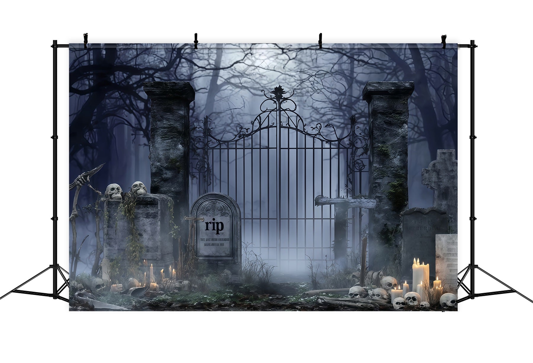 Graveyard Backdrop Spooky Cemetery Candles Halloween Backdrop For Photos TWW510-4