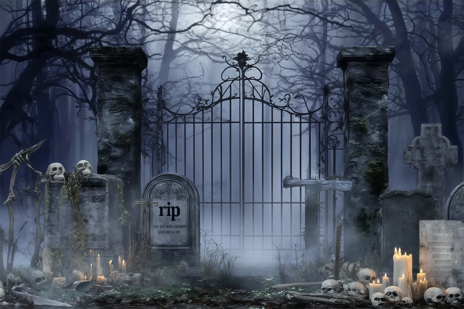 Graveyard Backdrop Spooky Cemetery Candles Halloween Backdrop For Photos TWW510-4