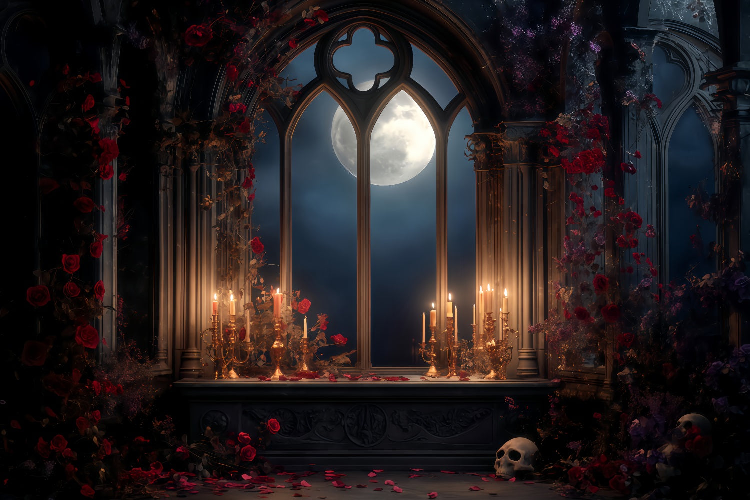 Scary Halloween Backdrops Moonlit Gothic Candle Altar Halloween Photo Backdrops TWW510-47