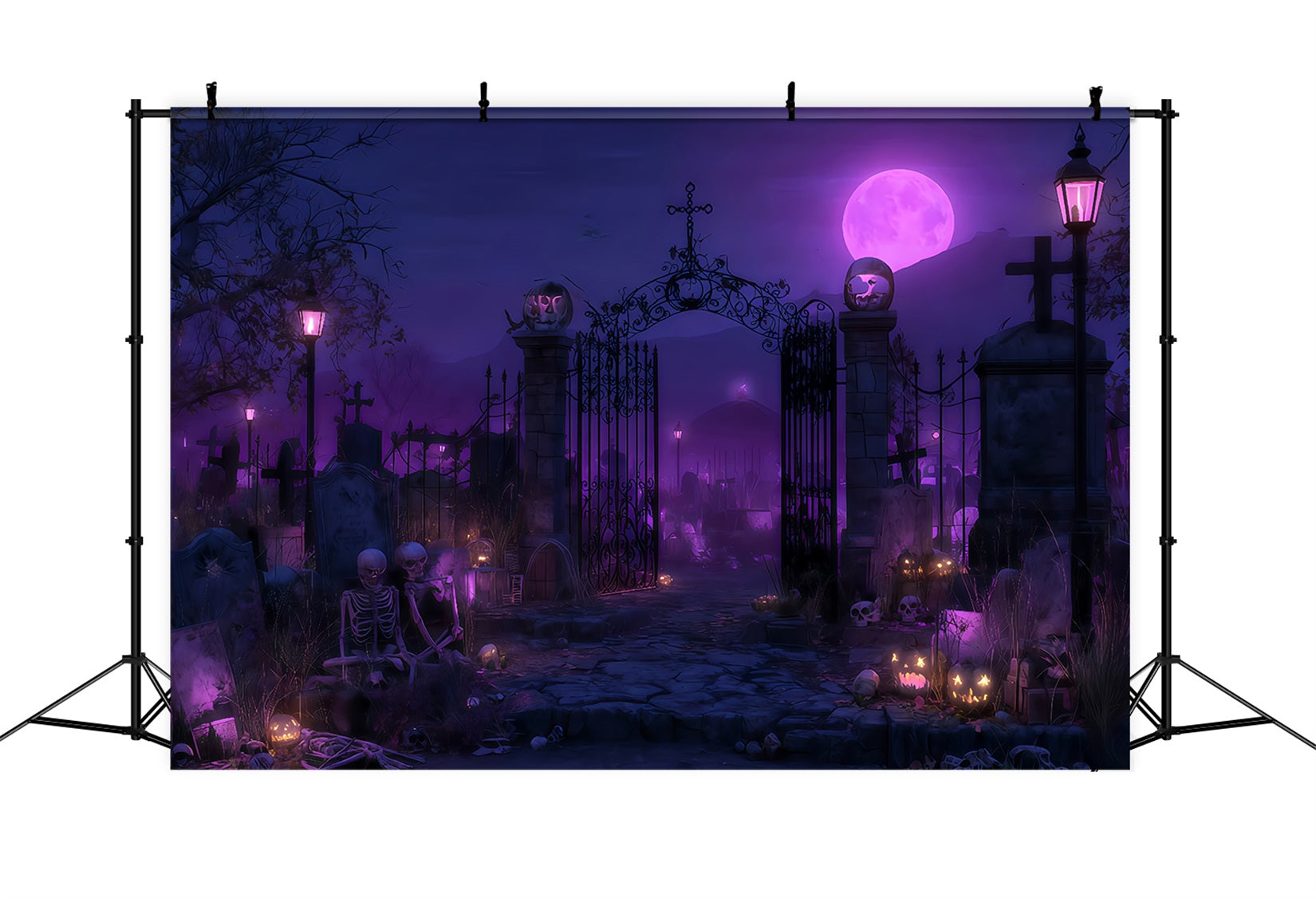 Halloween Ghost Backdrop Purple Moon Graveyard Gate Halloween Photography Backdrop TWW510-49