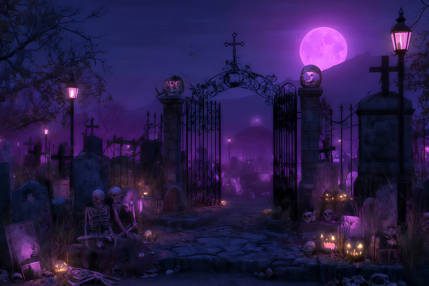 Halloween Ghost Backdrop Purple Moon Graveyard Gate Halloween Photography Backdrop TWW510-49