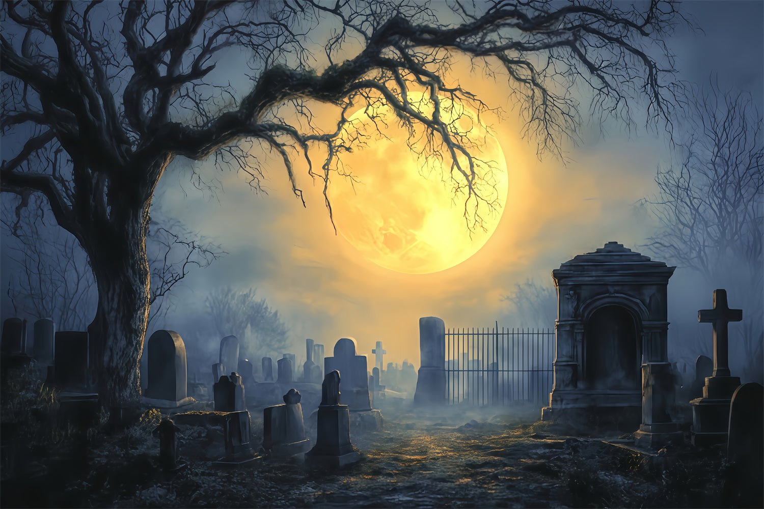 Graveyard Backdrop Full Moon Haunted Cemetery Halloween Backdrop Ideas TWW510-5