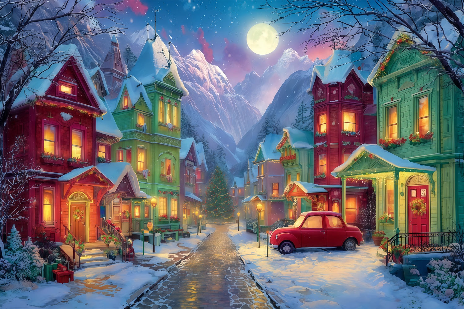 Grinch Backdrop Snowy Village Holiday Night Christmas Photography Backdrops TWW510-50