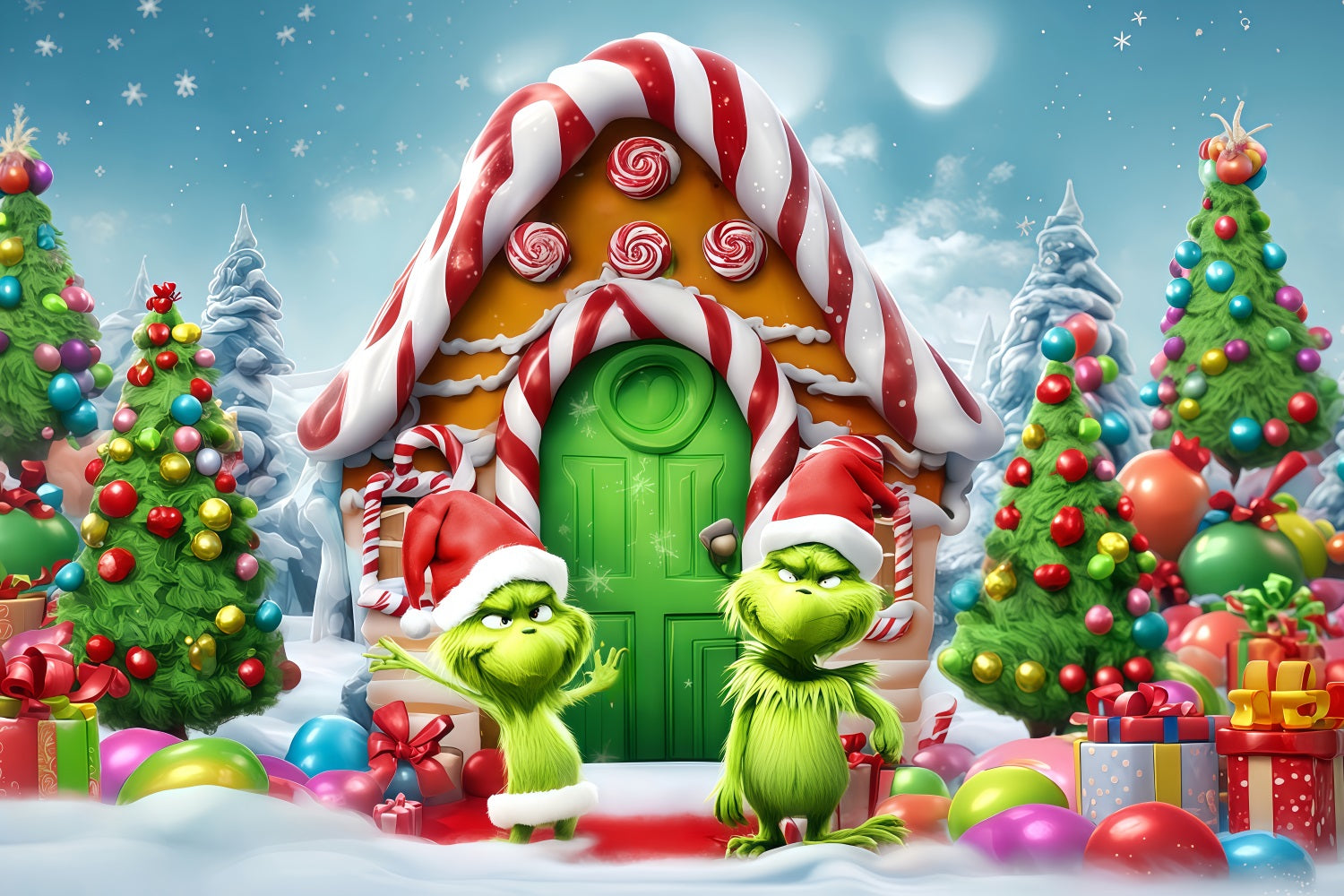 Grinch Photo Backdrop Candy House Grinch Funland Christmas Backdrops TWW510-51