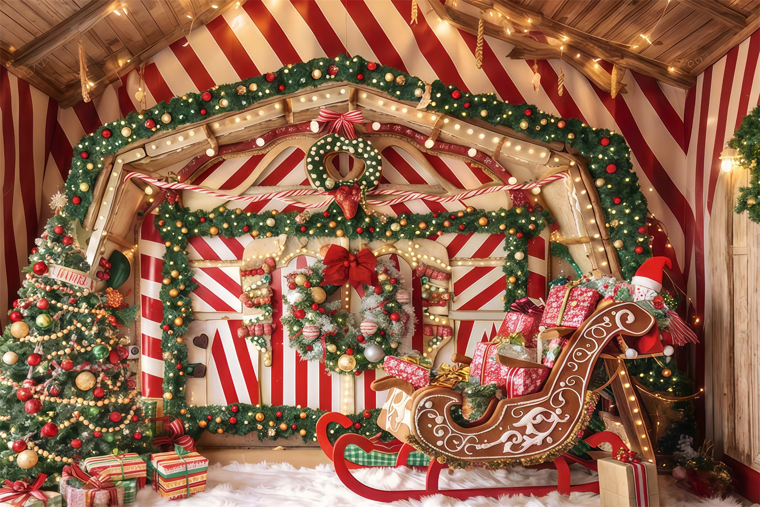 Gingerbread Backdrop Peppermint Sleigh Gift Room Christmas Photo Backdrop TWW510-52