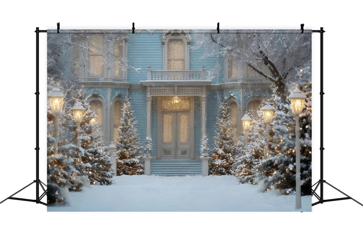 Christmas Tree Backdrop Snowy Blue Winter Mansion Christmas Backdrop Ideas TWW510-55