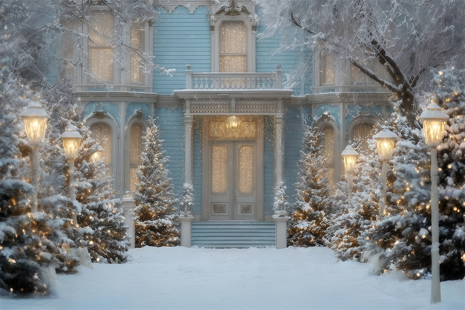 Christmas Tree Backdrop Snowy Blue Winter Mansion Christmas Backdrop Ideas TWW510-55