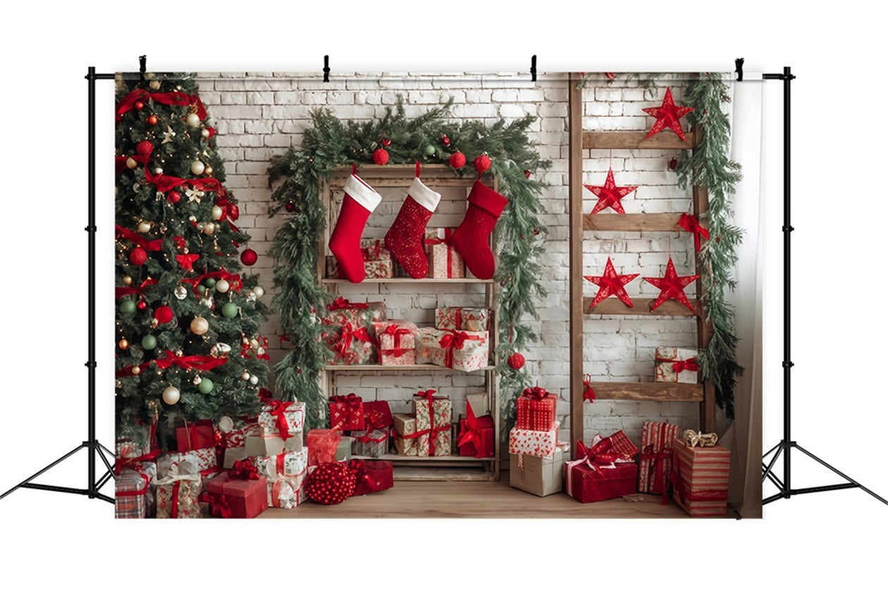 Christmas Wall Backdrop Cozy Stocking Gift Corner Christmas Backdrops TWW510-57