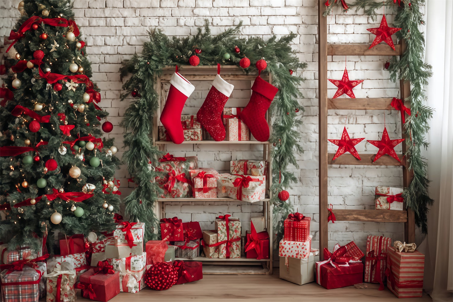 Christmas Wall Backdrop Cozy Stocking Gift Corner Christmas Backdrops TWW510-57