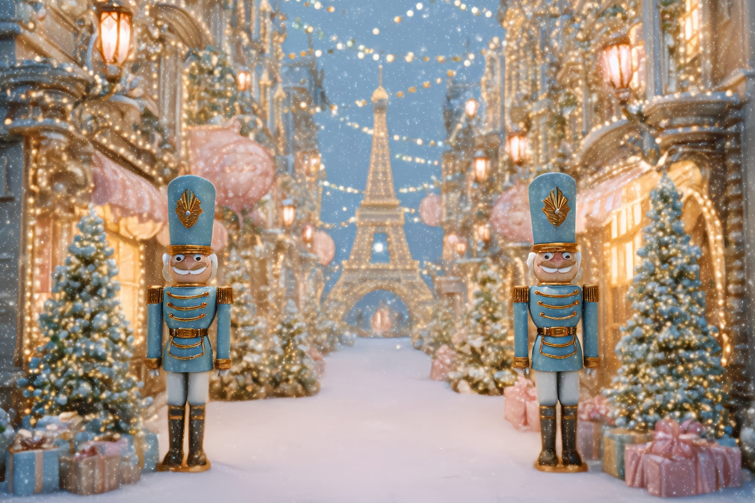 Nutcracker Backdrop Snowy Paris Winter Street Christmas Photo Backdrop TWW510-58