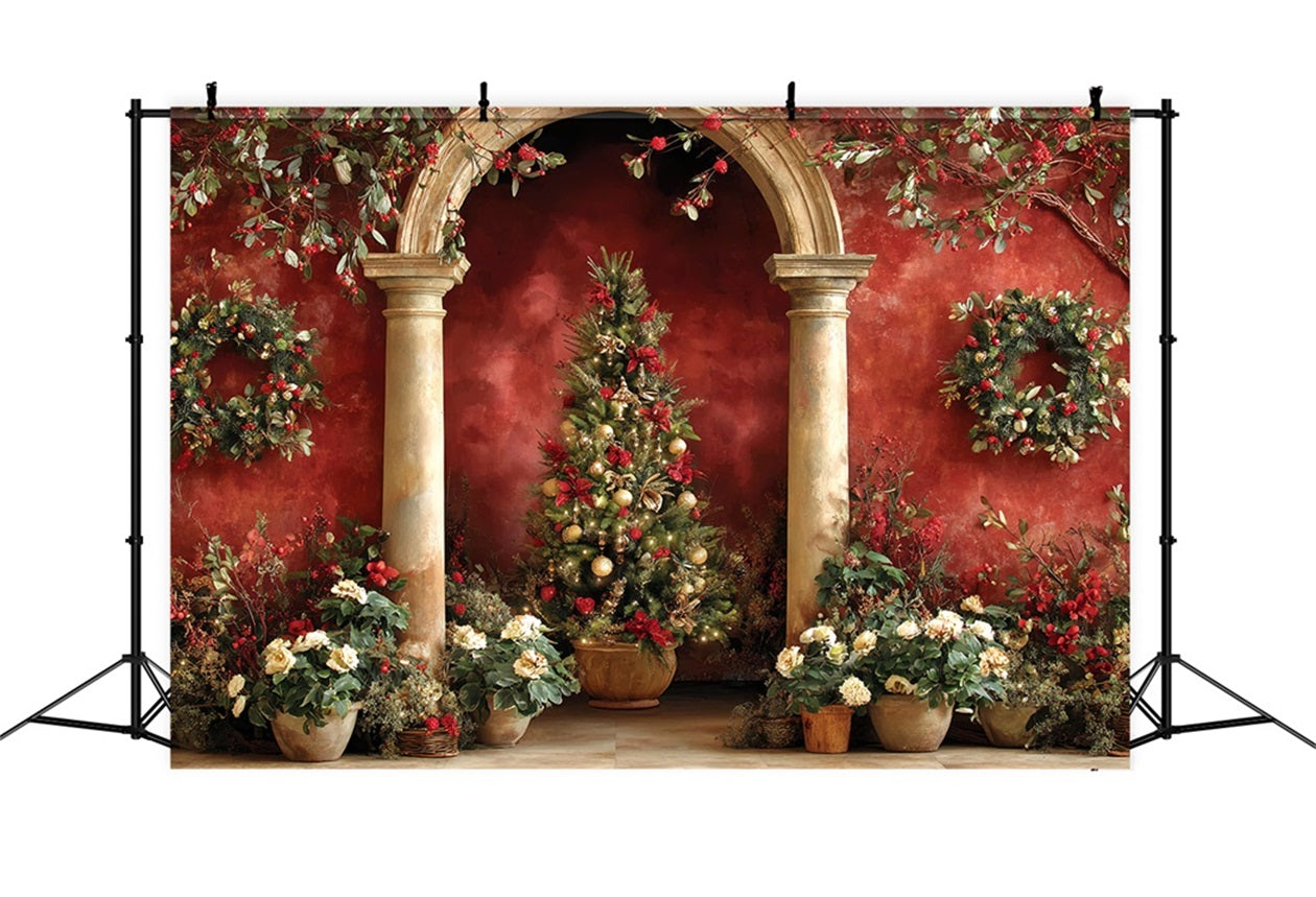 Christmas Tree Backdrop Red Arch Garden Elegance Christmas Photo Backdrops TWW510-59
