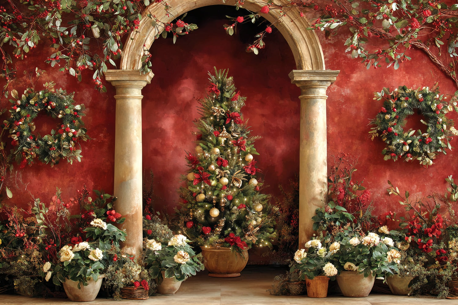 Christmas Tree Backdrop Red Arch Garden Elegance Christmas Photo Backdrops TWW510-59