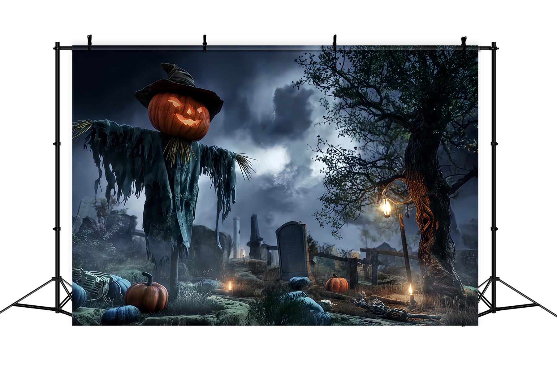 Graveyard Backdrop Pumpkin Scarecrow Spooky Field Halloween Backdrops For Photos TWW510-6