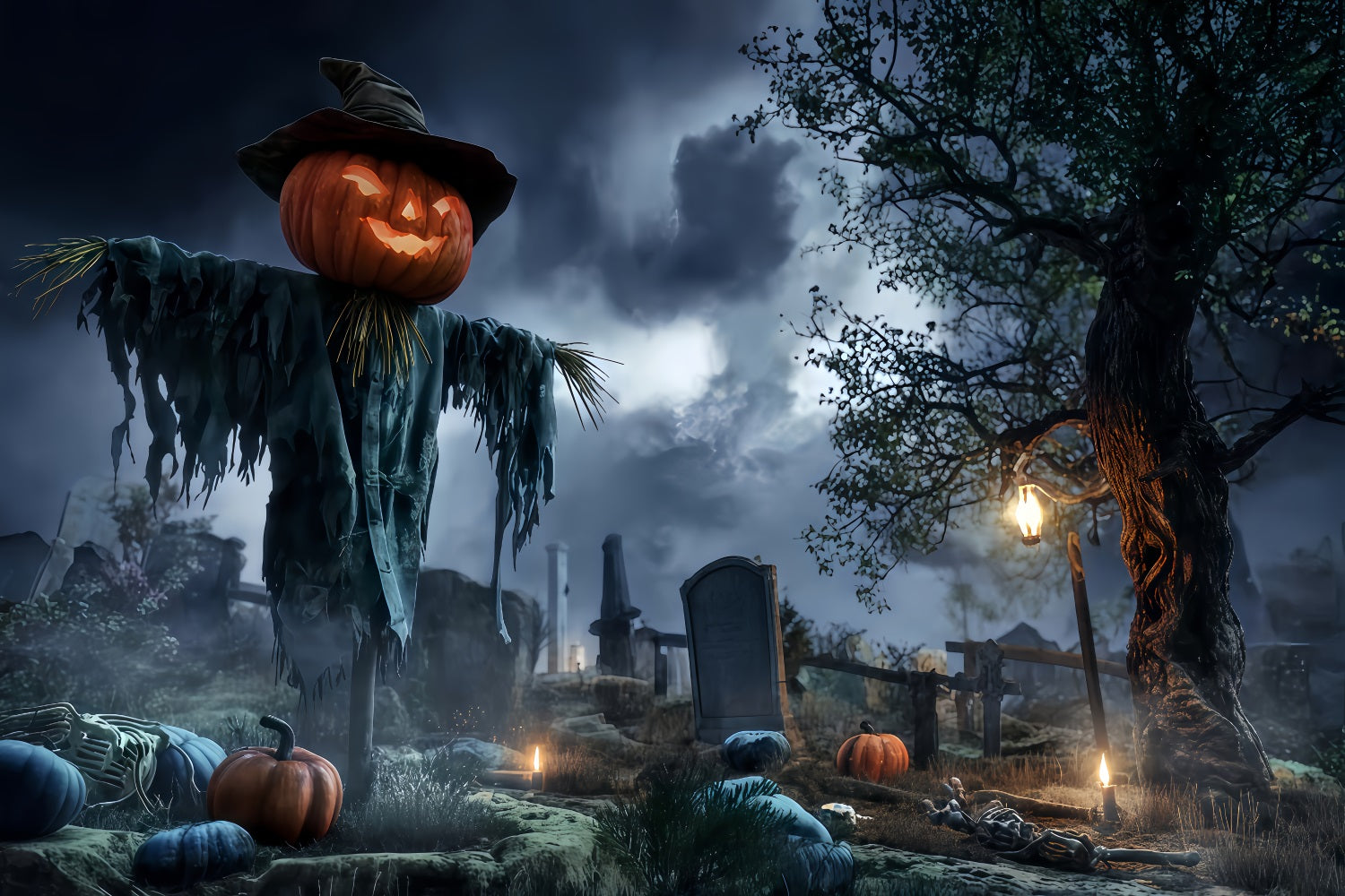 Graveyard Backdrop Pumpkin Scarecrow Spooky Field Halloween Backdrops For Photos TWW510-6